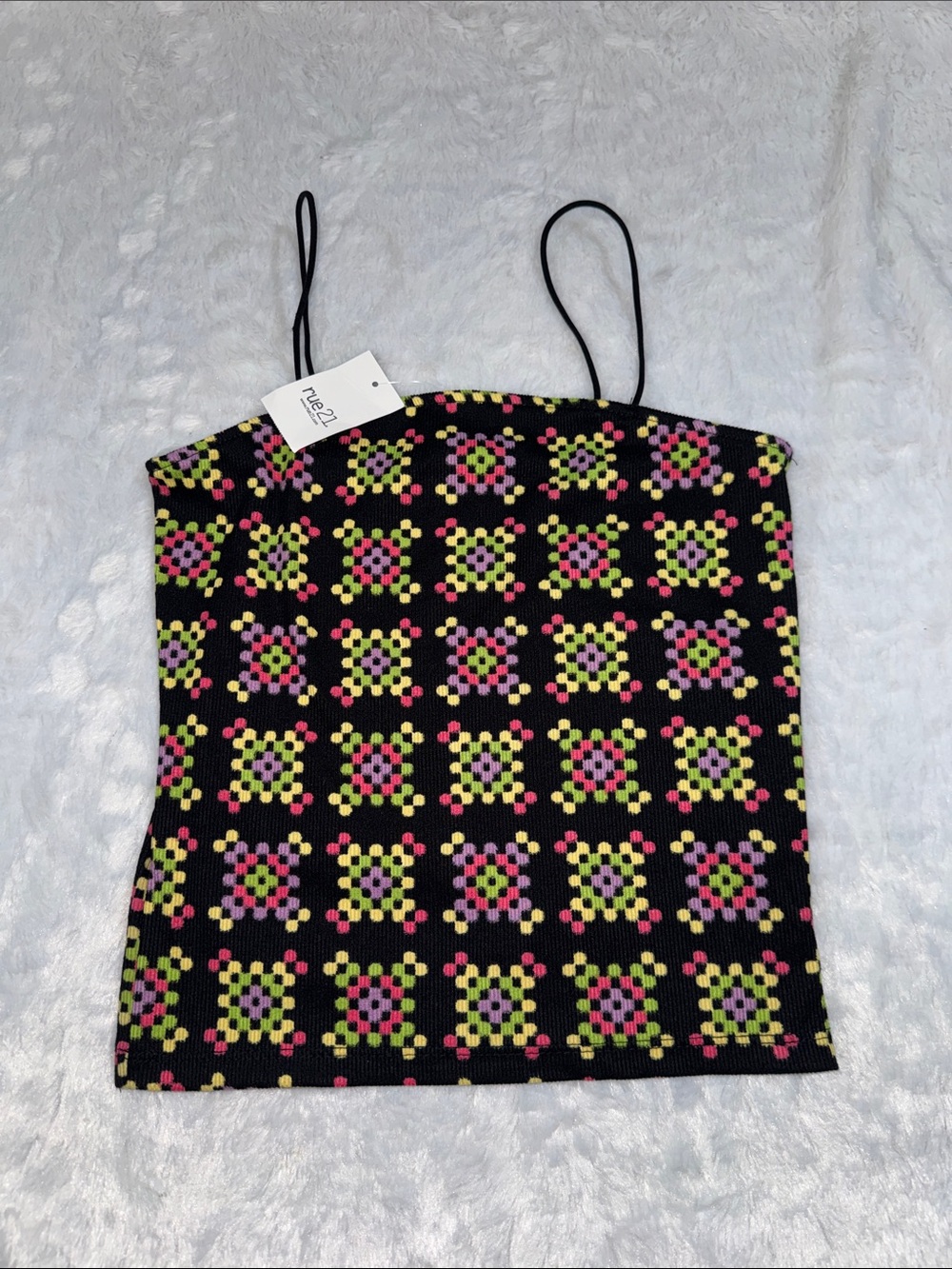 Rue21 Black Tank with Pink and Lime Floral Mosaic Print